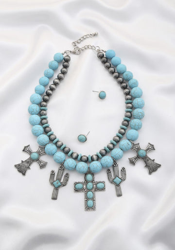 Rodeo western cross pendant beaded layered necklace - Passion 4 Fashion USA