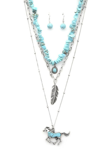 Rodeo western horse pendant feather charm beaded layered necklace - Passion 4 Fashion USA