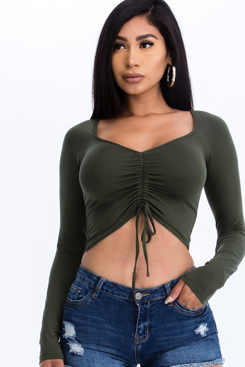 Ruched Drawstring Long Sleeve Crop Top - Passion 4 Fashion USA