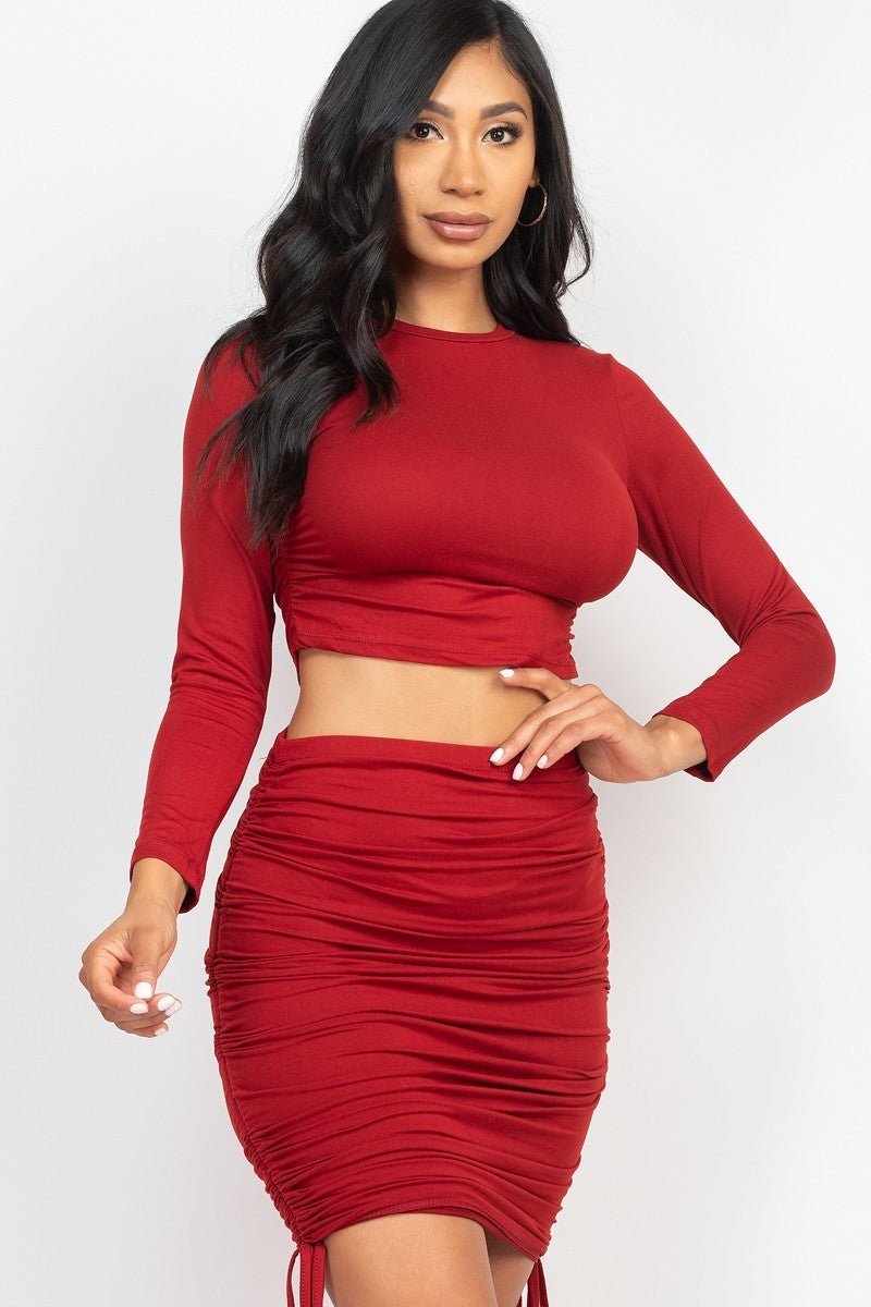 Ruched Side Crop Top & Drawstring Skirt Set - Passion 4 Fashion USA