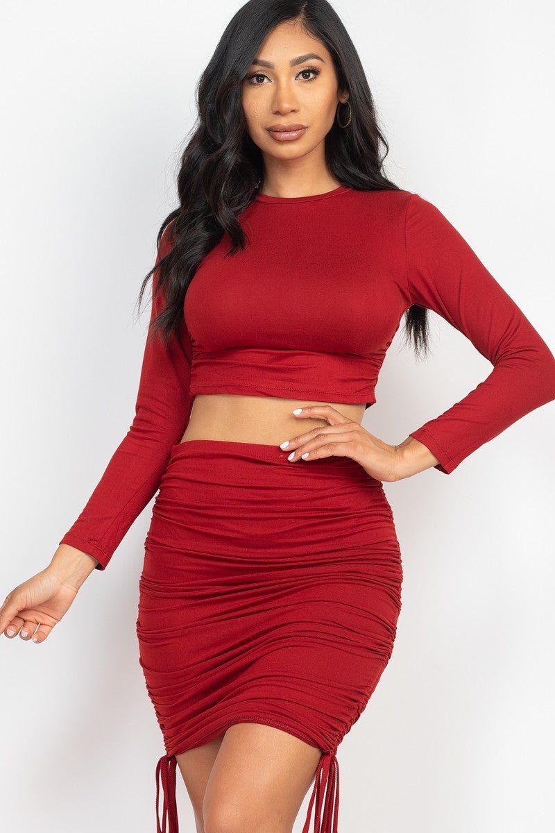 Ruched Side Crop Top & Drawstring Skirt Set - Passion 4 Fashion USA