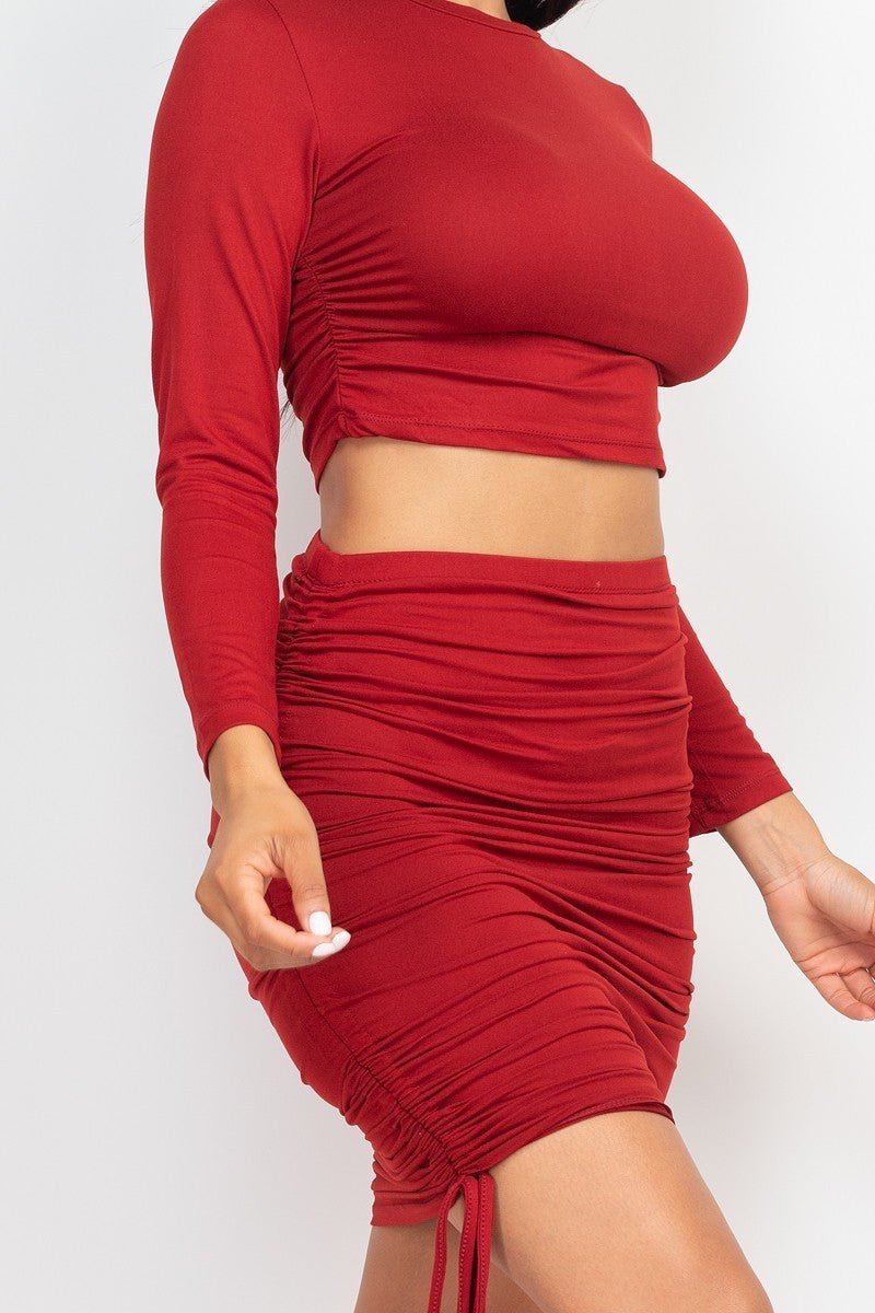 Ruched Side Crop Top & Drawstring Skirt Set - Passion 4 Fashion USA