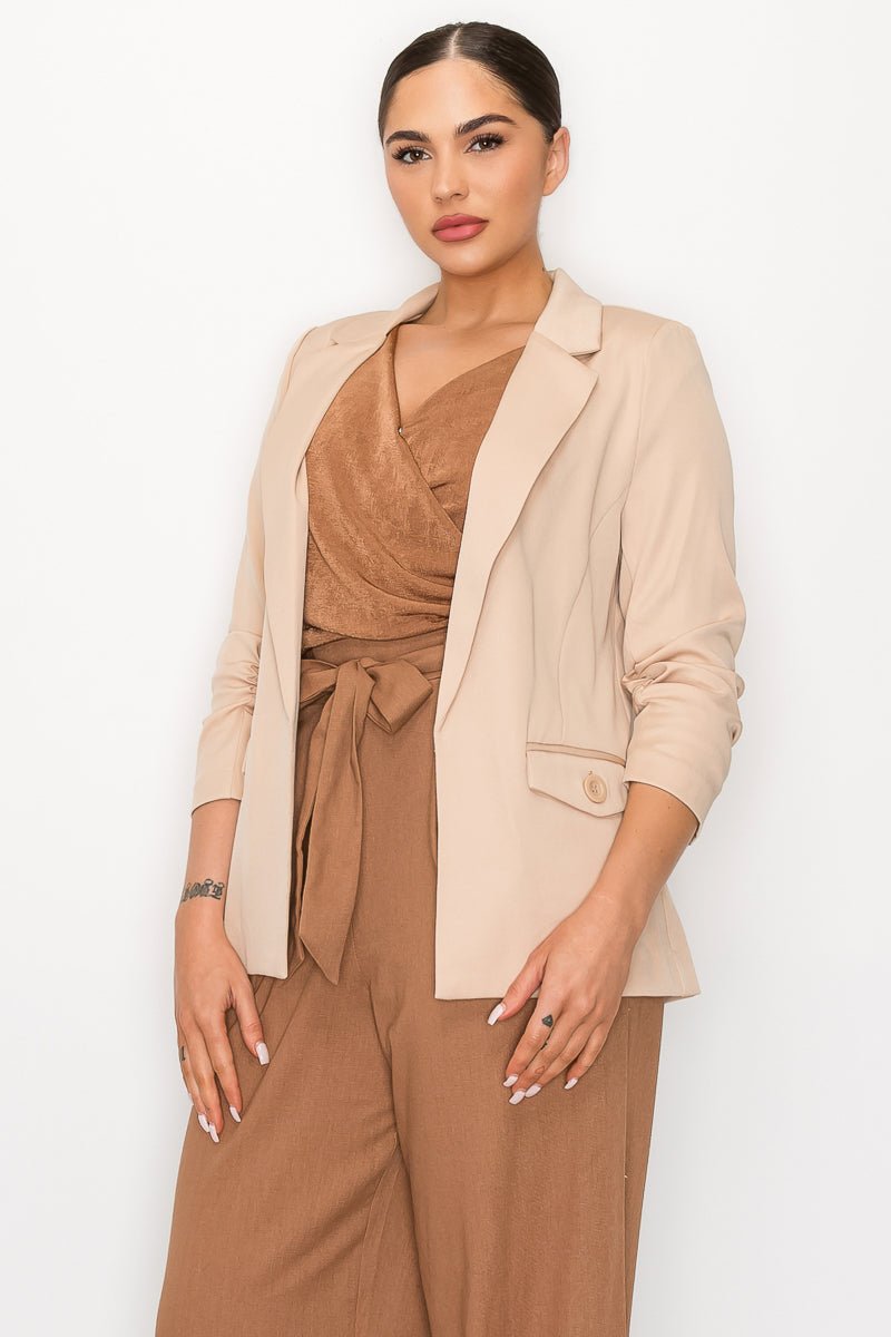 Ruched Sleeves Solid Blazer - Passion 4 Fashion USA