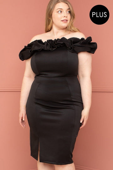 Ruffle Off The Shoulder Plus Size Midi Dress - Passion 4 Fashion USA