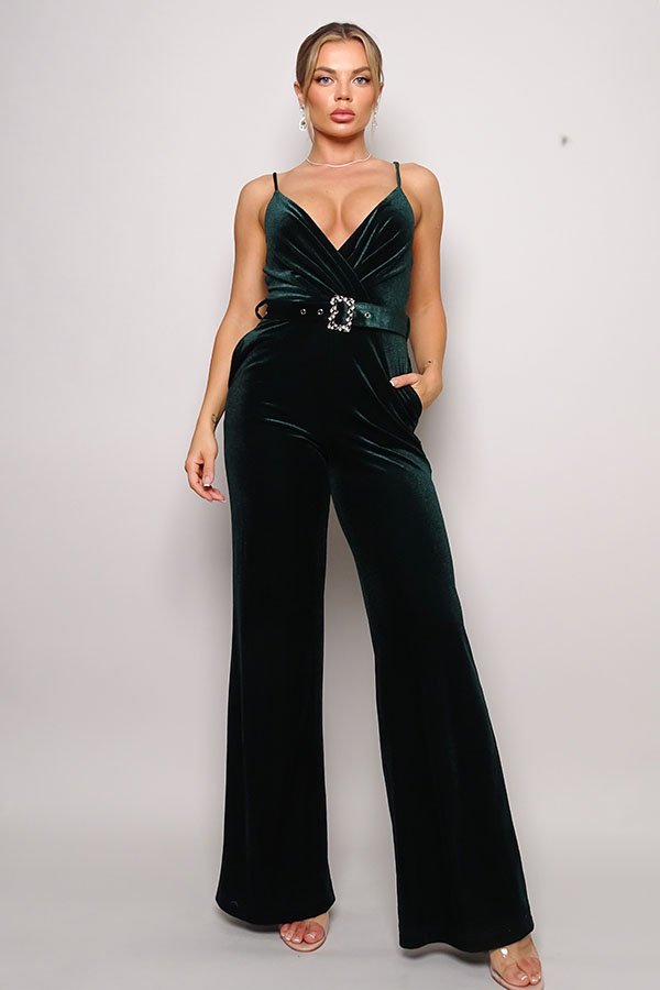 Samba Rhinestone Belt Velvet Jumpsuit - Passion 4 Fashion USA