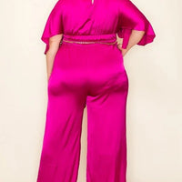 Satin Wrap Front Short Sleeve Smocked Waist Jumpsuit - Passion 4 Fashion USA