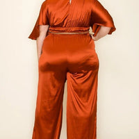 Satin Wrap Front Short Sleeve Smocked Waist Jumpsuit - Passion 4 Fashion USA
