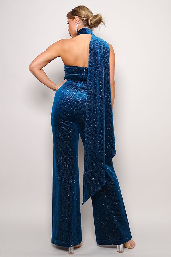 Scarf Top Glitter Velvet Jumpsuit - Passion 4 Fashion USA