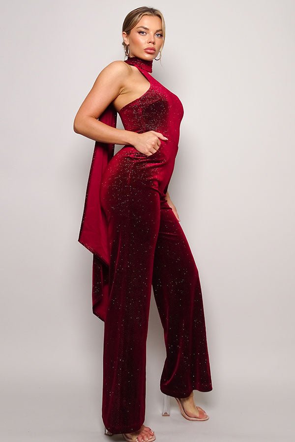 Scarf Top Glitter Velvet Jumpsuit - Passion 4 Fashion USA