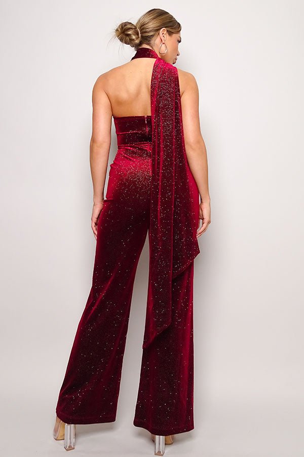 Scarf Top Glitter Velvet Jumpsuit - Passion 4 Fashion USA