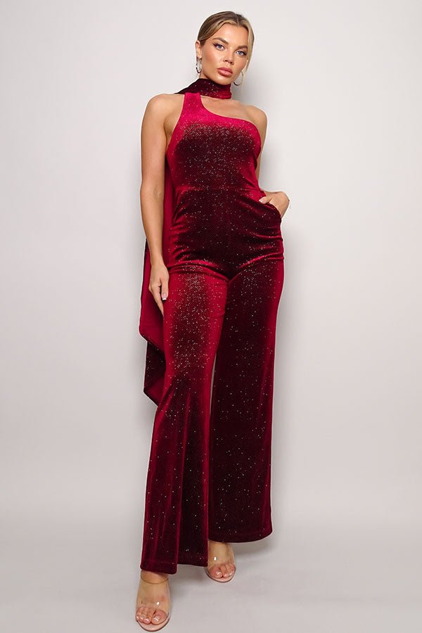 Scarf Top Glitter Velvet Jumpsuit - Passion 4 Fashion USA