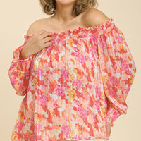 Sheer Floral Print Metallic Threading Long Sleeve Off Shoulder Top With High Low Hem - Passion 4 Fashion USA