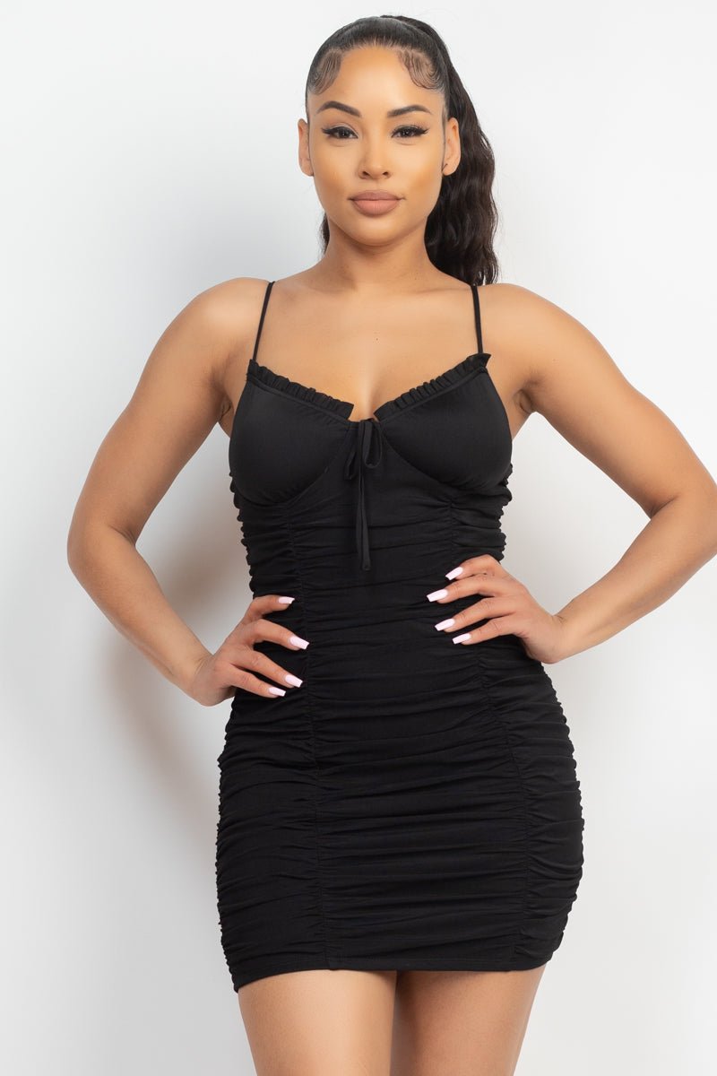 Shirred Bodycon Ruffled Trim Dress - Passion 4 Fashion USA