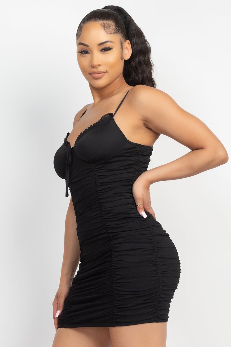 Shirred Bodycon Ruffled Trim Dress - Passion 4 Fashion USA