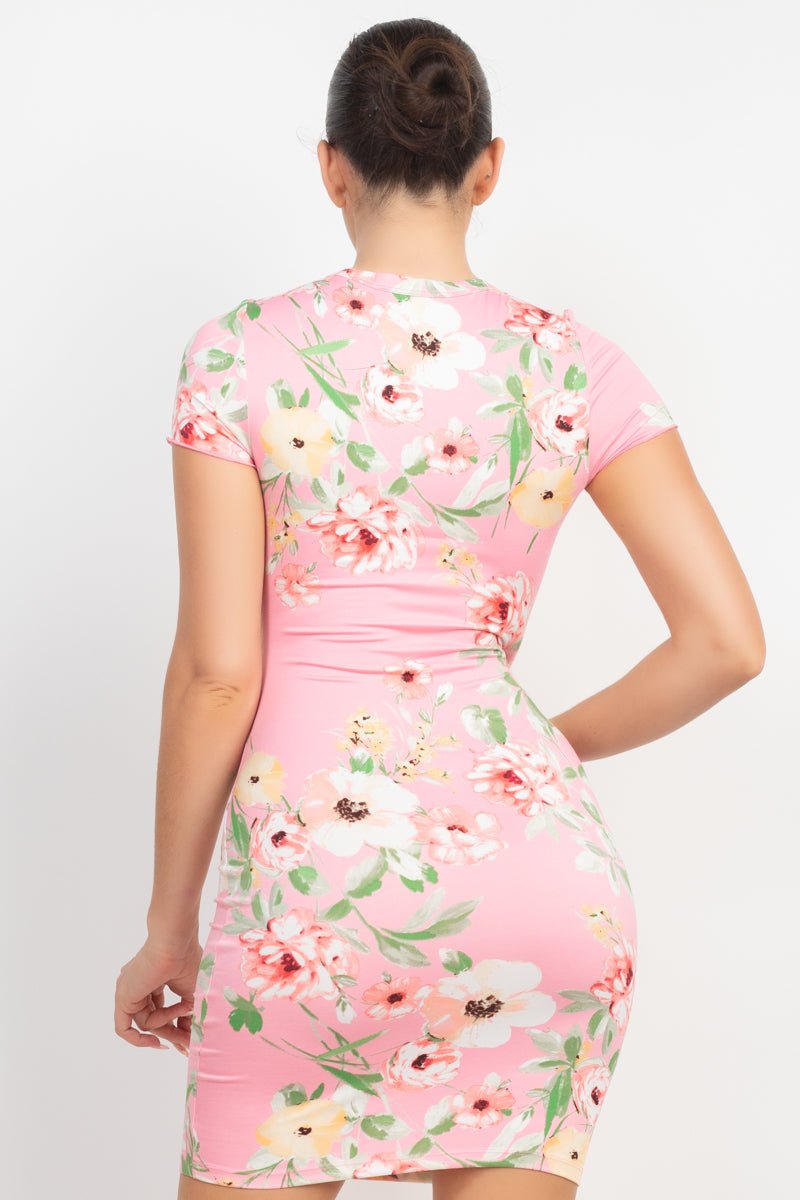 Short Sleeve Floral Bodycon Dress - Passion 4 Fashion USA