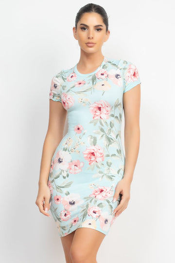 Short Sleeve Floral Bodycon Dress - Passion 4 Fashion USA