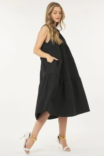 Sleeveless Basic Stretch Poplin Dress With Layers - Passion 4 Fashion USA