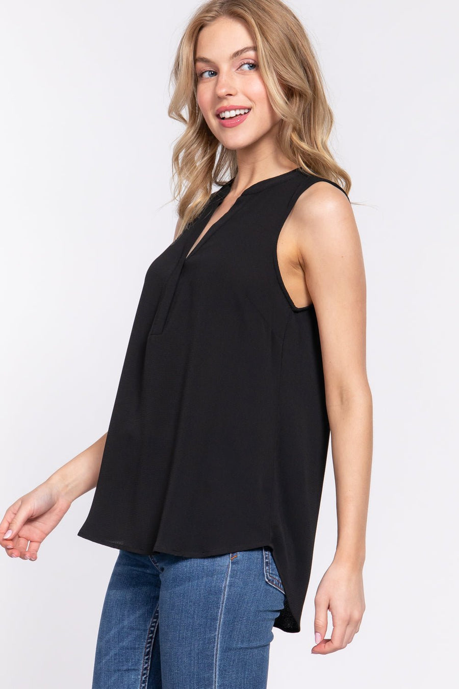 Sleeveless Henley Neck Woven Top - Passion 4 Fashion USA