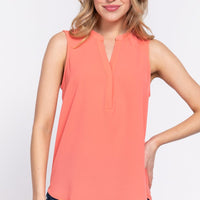 Sleeveless Henley Neck Woven Top - Passion 4 Fashion USA