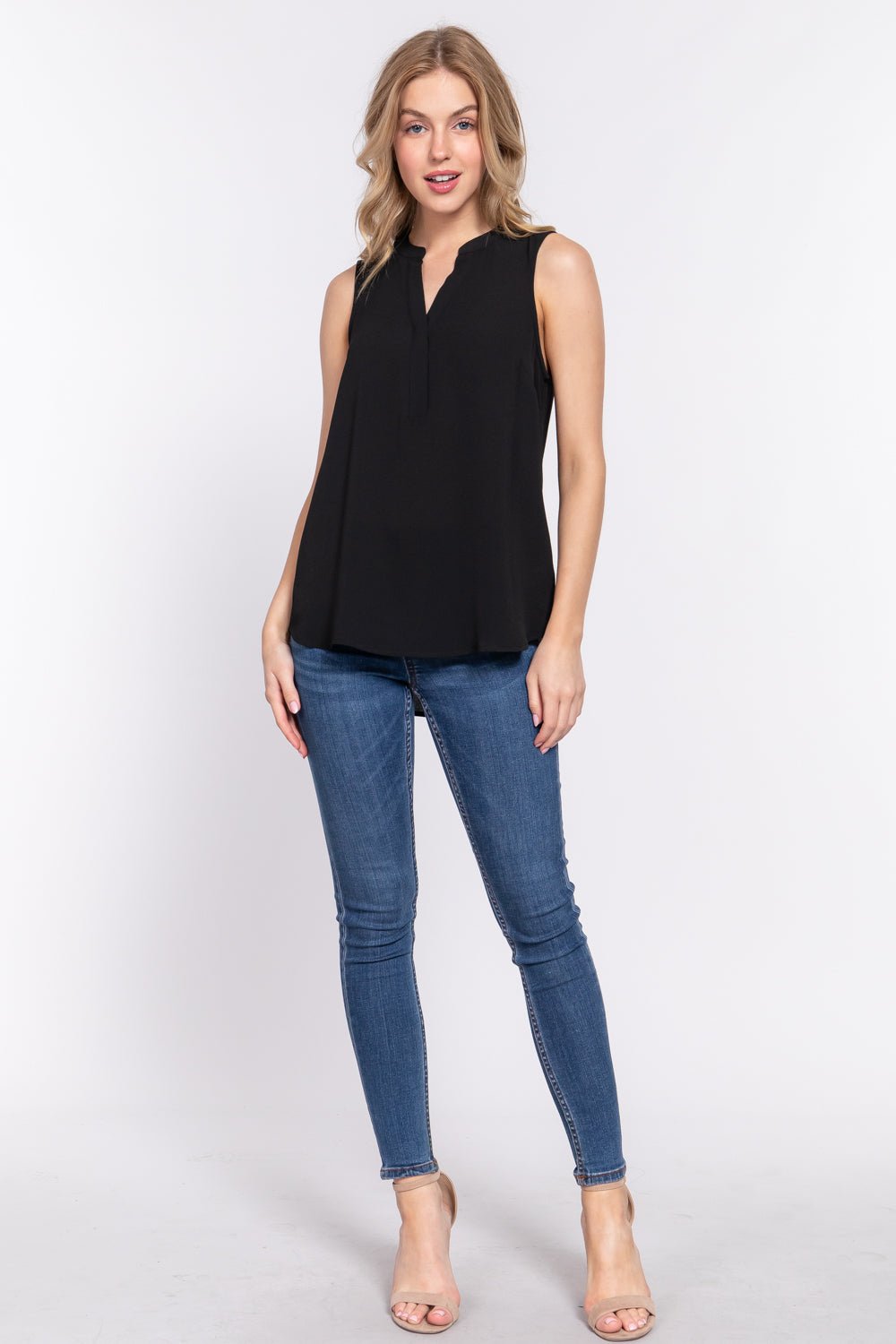 Sleeveless Henley Neck Woven Top - Passion 4 Fashion USA