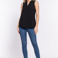 Sleeveless Henley Neck Woven Top - Passion 4 Fashion USA