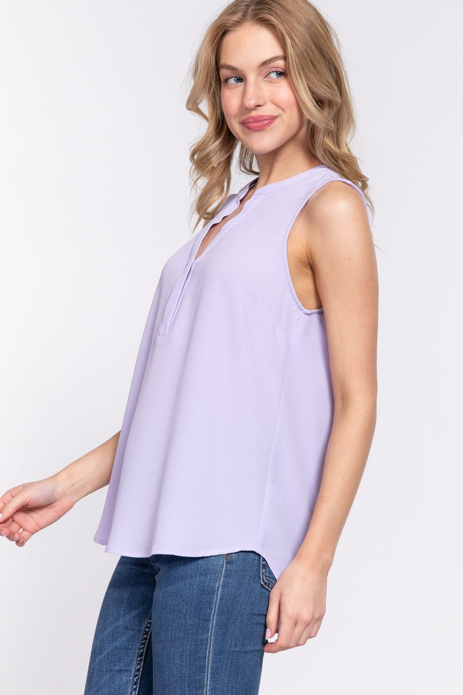 Sleeveless Henley Neck Woven Top - Passion 4 Fashion USA