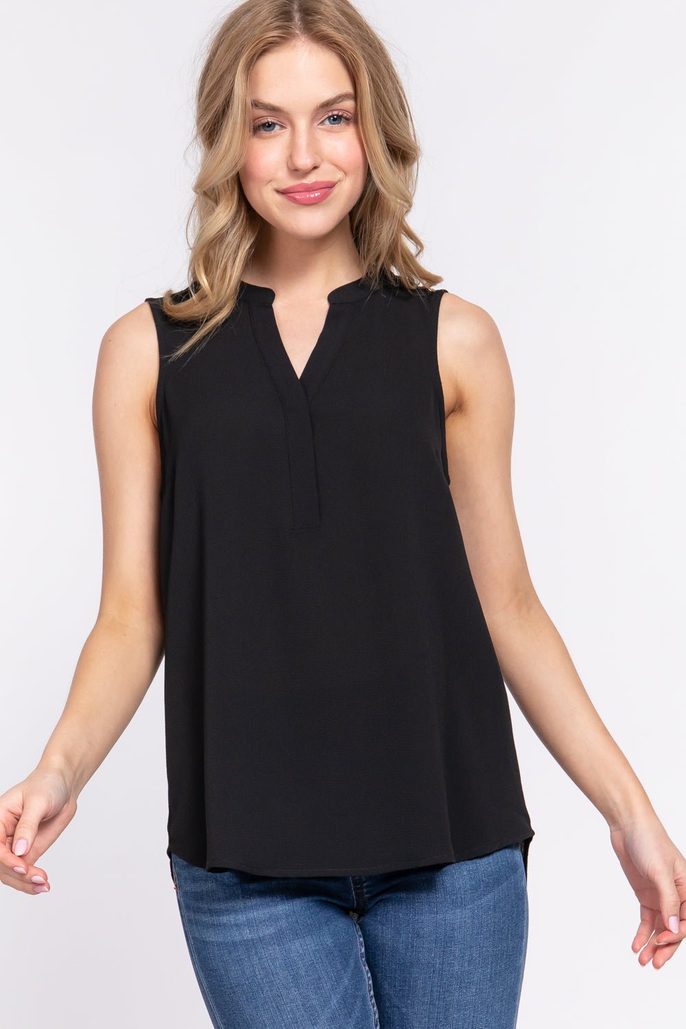 Sleeveless Henley Neck Woven Top - Passion 4 Fashion USA