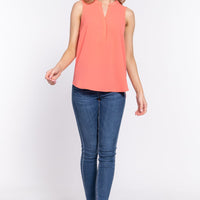 Sleeveless Henley Neck Woven Top - Passion 4 Fashion USA