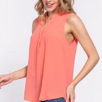 Sleeveless Henley Neck Woven Top - Passion 4 Fashion USA