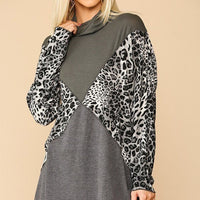 Solid And Animal Print Mixed Knit Turtleneck Top With Long Sleeves - Passion 4 Fashion USA