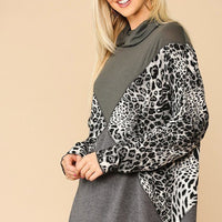 Solid And Animal Print Mixed Knit Turtleneck Top With Long Sleeves - Passion 4 Fashion USA