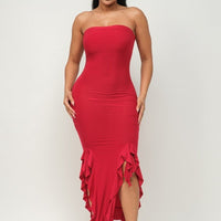 Solid Bottom Ruffle Trim Hem Slit Tube Maxi Dress - Passion 4 Fashion USA