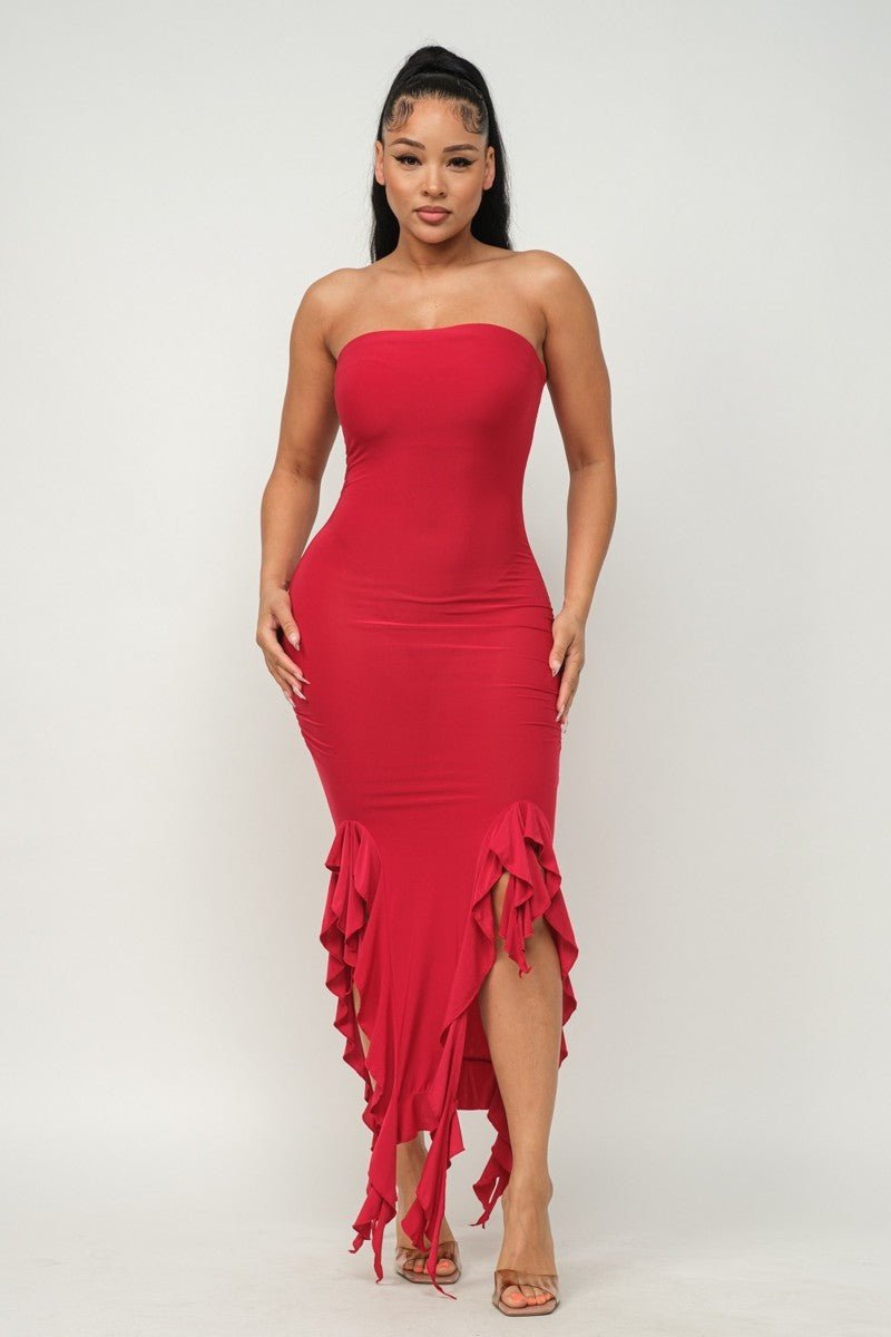 Solid Bottom Ruffle Trim Hem Slit Tube Maxi Dress - Passion 4 Fashion USA