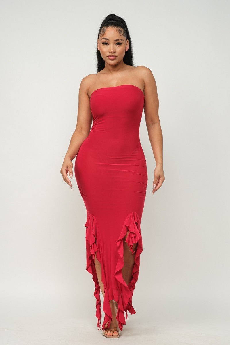 Solid Bottom Ruffle Trim Hem Slit Tube Maxi Dress - Passion 4 Fashion USA