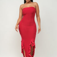 Solid Bottom Ruffle Trim Hem Slit Tube Maxi Dress - Passion 4 Fashion USA