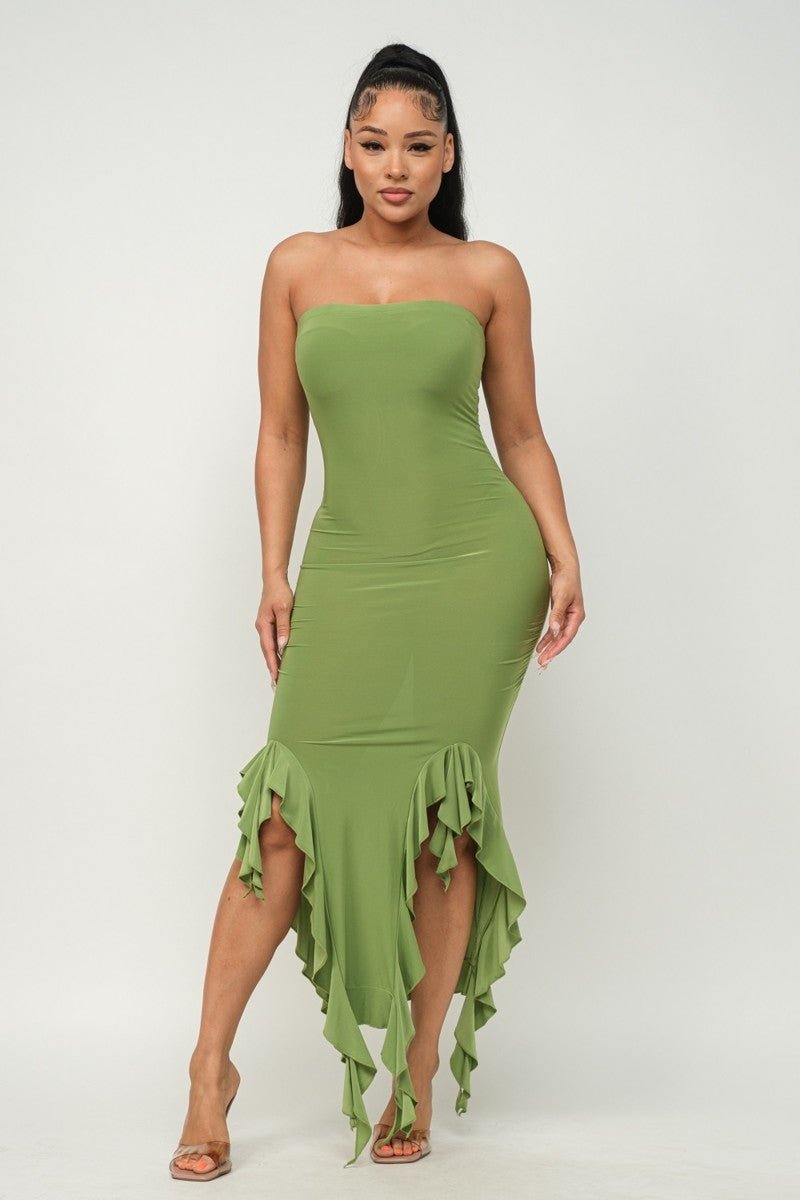 Solid Bottom Ruffle Trim Hem Slit Tube Maxi Dress - Passion 4 Fashion USA