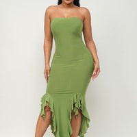 Solid Bottom Ruffle Trim Hem Slit Tube Maxi Dress - Passion 4 Fashion USA