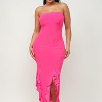 Solid Bottom Ruffle Trim Hem Slit Tube Maxi Dress - Passion 4 Fashion USA