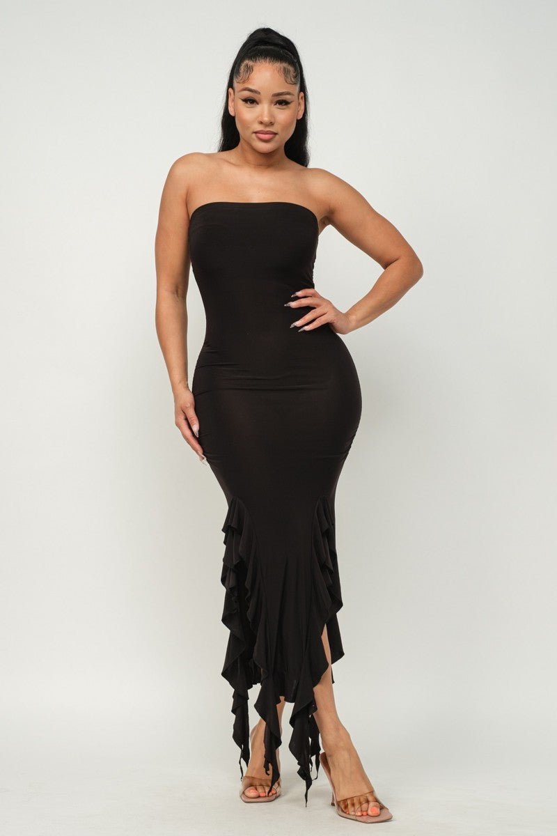 Solid Bottom Ruffle Trim Hem Slit Tube Maxi Dress - Passion 4 Fashion USA