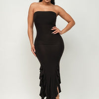 Solid Bottom Ruffle Trim Hem Slit Tube Maxi Dress - Passion 4 Fashion USA