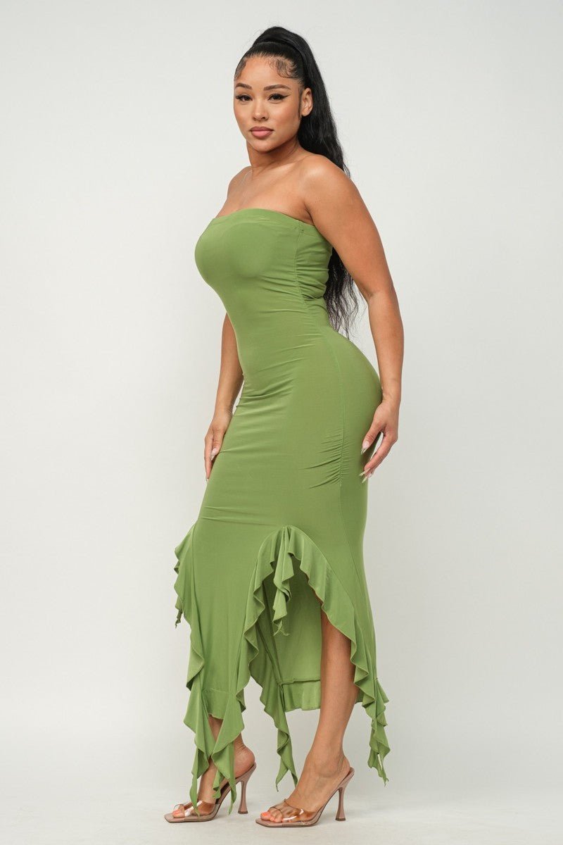 Solid Bottom Ruffle Trim Hem Slit Tube Maxi Dress - Passion 4 Fashion USA