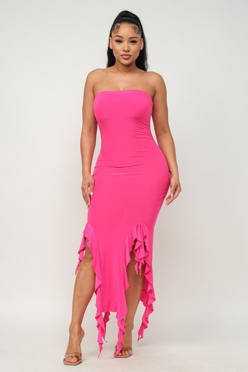 Solid Bottom Ruffle Trim Hem Slit Tube Maxi Dress - Passion 4 Fashion USA