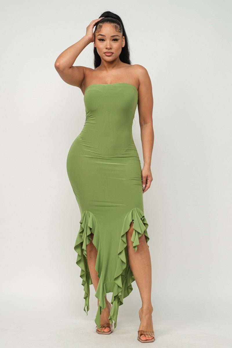 Solid Bottom Ruffle Trim Hem Slit Tube Maxi Dress - Passion 4 Fashion USA