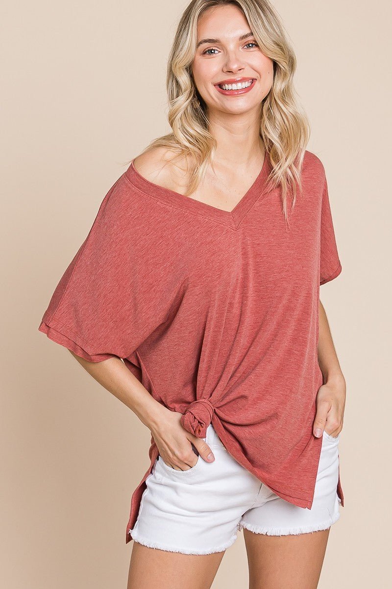 Solid V Neck Casual And Basic Top With Short Dolman Sleeves And Side Slit Hem - Passion 4 Fashion USA