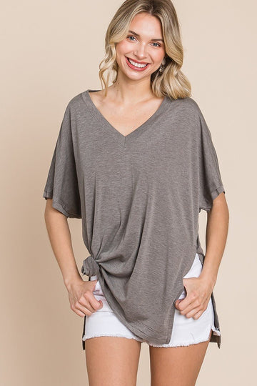 Solid V Neck Casual And Basic Top With Short Dolman Sleeves And Side Slit Hem - Passion 4 Fashion USA