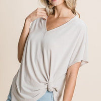 Solid V Neck Casual And Basic Top With Short Dolman Sleeves And Side Slit Hem - Passion 4 Fashion USA