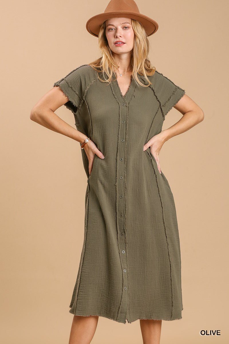 Split neck button down midi dress with no lining - Passion 4 Fashion USA