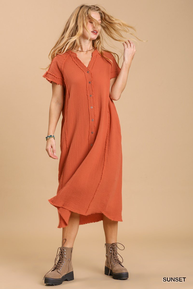 Split neck button down midi dress with no lining - Passion 4 Fashion USA