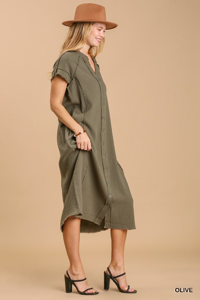 Split neck button down midi dress with no lining - Passion 4 Fashion USA