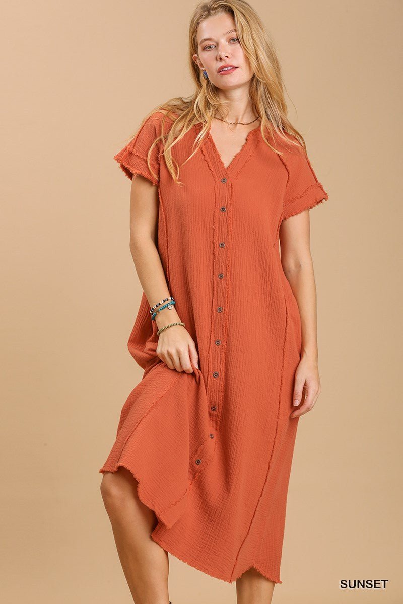 Split neck button down midi dress with no lining - Passion 4 Fashion USA